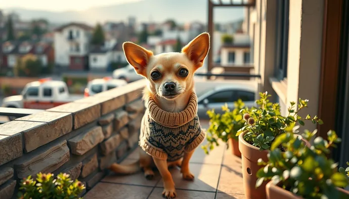 Chihuahua türünde bir köpek apartman terasında kıyafet giymiş şekilde oturuyor