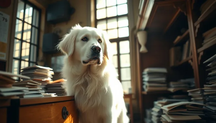 Köpek postanede çalışan bir Kuvasz köpeği, beyaz tüyleri ve dik duruşuyla sürü koruma geçmişini yansıtan karakteristik görünümü