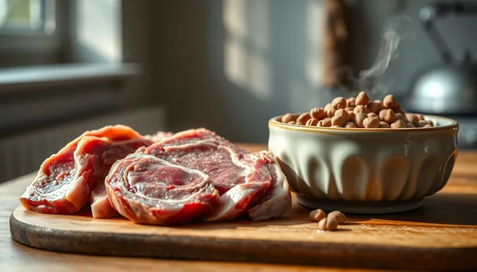 Taze kuzu eti dilimları ve köpek maması kâsesi, besin değeri karşılaştırması