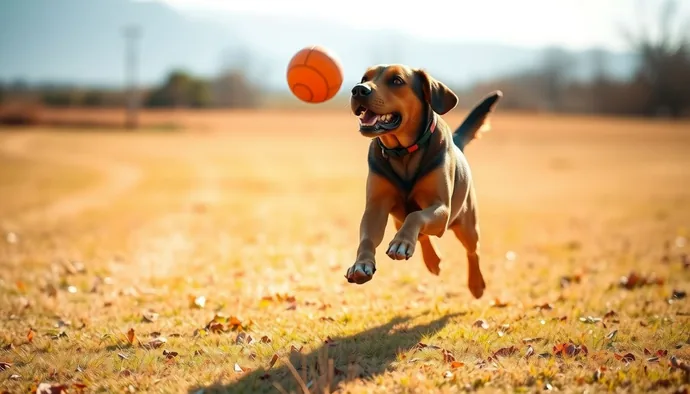 Labrador retriever açık alanda retrieve oyunu oynarken, topu havada yakalıyor