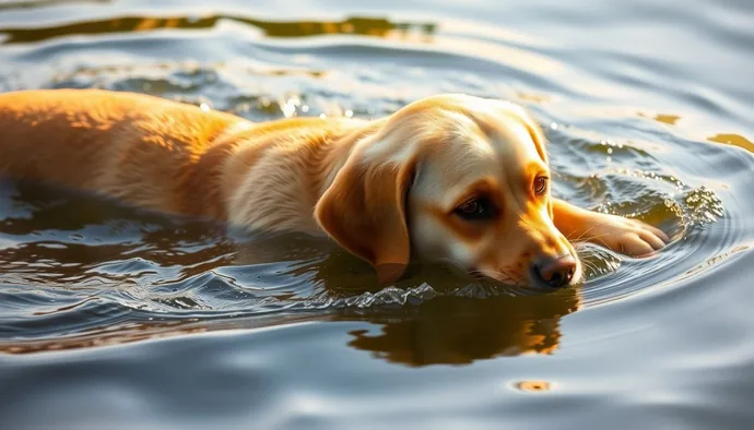 Labrador retriever'ın perdeli ayakları ve su geçirmez tüy yapısı, yüzme sırasında görülüyor