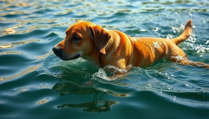 Labrador Retriever yüzme sırasında serinlerken, tüm kas gruplarının aktif çalıştığını gösteren sahne