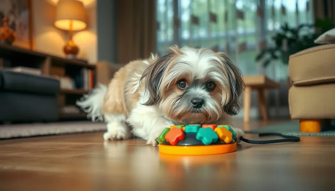 Lhasa Apso apartman dairesinde puzzle besleyici ile oynarken
