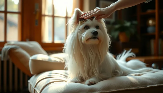 Maltese yetişkin köpeğin uzun ipeksi beyaz tüy yapısı ve günlük fırçalama sahnesi
