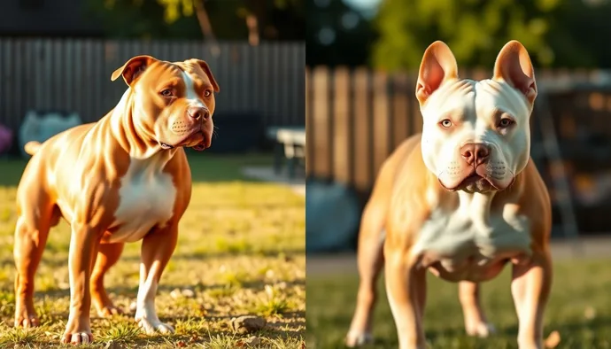American Pit Bull Terrier ve American Bully ırklarının yandan görünümleri; APBT'nin atletik ve orantılı yapısı ile American Bully'nin kompakt gövdesi ve brakisefal kafa formu karşılaştırmalı olarak gösteriliyor