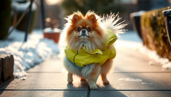 Pomeranian'ın soğuk havada üşümesini önlemek için mont giymiş şekilde dışarıda durması