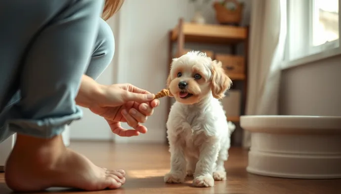 Toy Poodle yavrusuna tuvalet eğitimi sırasında ödül mama veren sahip
