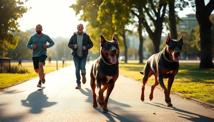 Rottweiler ve Doberman sahipleri parkta koşu aktivitesi sırasında