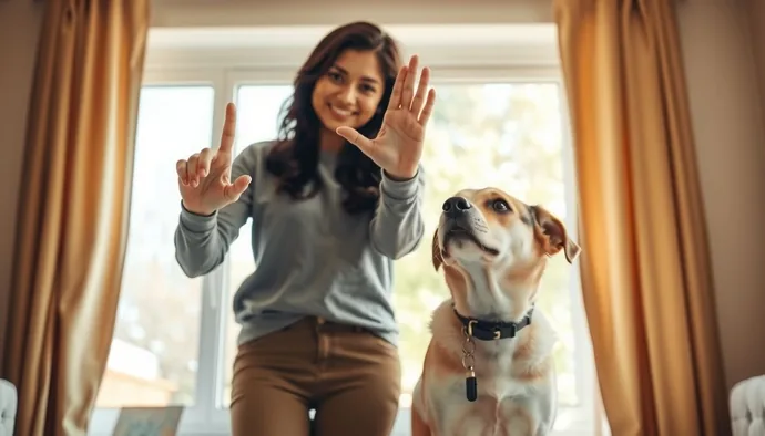 Sağır köpek eğitiminde temel el işaretleri: otur, kal, gel, indir, bekle ve yanıma gel komutlarını gösteren el pozisyonları