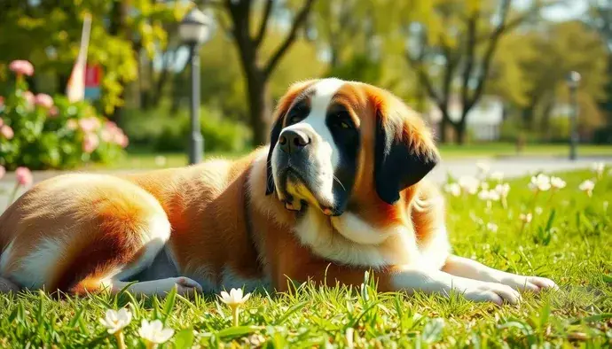 Saint Bernard köpeği parkta dinlenirken