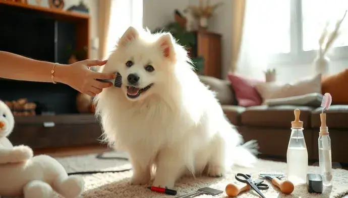 Samoyed köpeği tımar edilirken