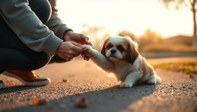 Shih Tzu'nun sıcak asfalt üzerinde yürüyüş yaparken pati kontrolü yapan sahip