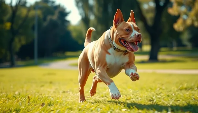 Staffordshire Bull Terrier'ın parkta koşarak egzersiz yapması