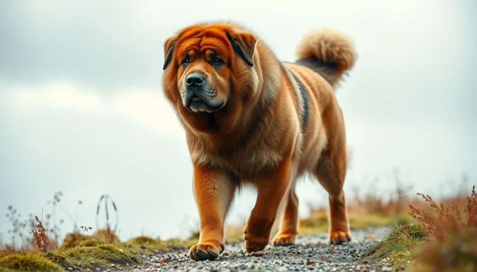 Tibetan Mastiff'ın serin havalarda kontrollü yürüyüş sırasında doğal yürüyüş pozisyonu, geniş göğüs yapısı ve dik duruşu görünür halde