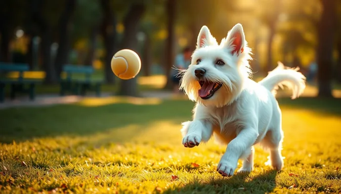 West Highland White Terrier parkta fetch oyunu oynarken, sahibi ile interaktif egzersiz sırasında