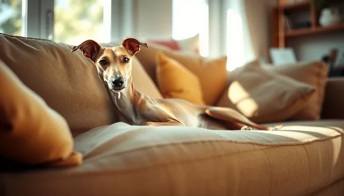 Whippet cinsi köpek evinde kanepe üzerinde dinlenirken, uzun bacakları ve ince tüy yapısı görünür