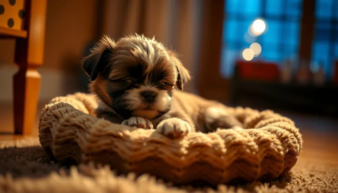 Yavru Shih Tzu'nun gece için hazırlanmış güvenli uyku alanında sakin şekilde uzanması