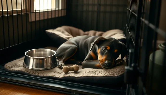Yavru Doberman için hazırlanmış kafes alanı, yumuşak yatak, su kabı ve çiğneme oyuncağı ile donatılmış
