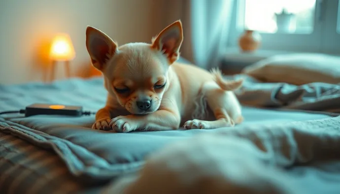 Yavru Chihuahua için hazırlanmış sakin uyku alanı - termal yatak, gece lambası ve tanıdık kokulu battaniye düzenlemesi