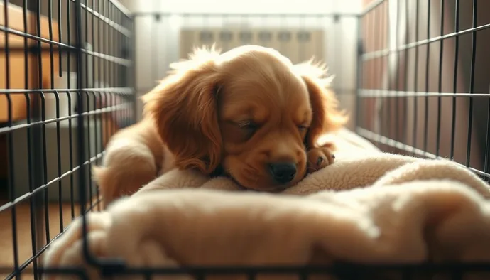 Yavru Cocker Spaniel kafeste sakin bir şekilde uyurken, yanında anne kokusu taşıyan bir battaniye bulunuyor
