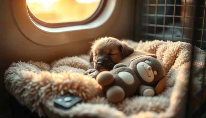 Yavru köpek yumuşak bir yatakta huzurlu şekilde uyurken, yanında sakinleştirici bir oyuncak bulunuyor