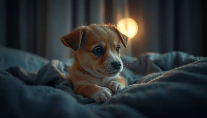 Gece ilk adaptasyon sürecinde yavru köpeğin yatağında huzursuz davranışları gösteren sahne