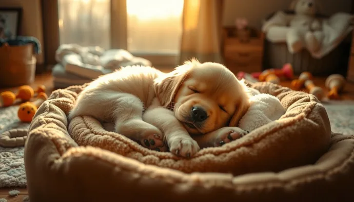 Yavru köpeğin yeni yatağında huzurlu uyuması, ilk gece adaptasyonunun başarılı olduğunu gösteren sahne