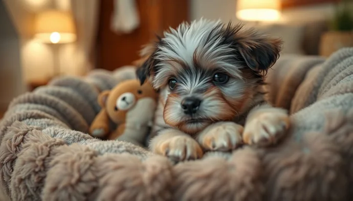 Yavru köpek ilk gece yumuşak yatakta korku ifadesiyle uzanıyor, yanında küçük bir oyuncak var