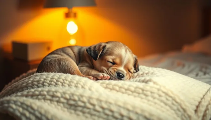 Yavru köpek yumuşak bir battaniyede, gece lambasının loş ışığında uyurken