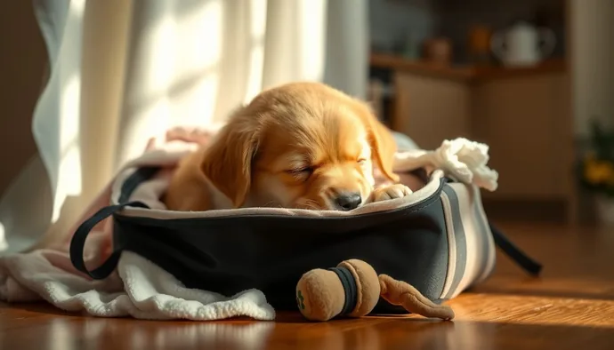 Yavru köpek taşıma çantasında yumuşak bezlerle çevrelenmiş şekilde uyurken