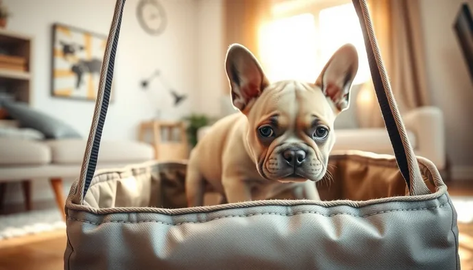 French Bulldog yavrusu yeni evinde güvenli taşıma çantasında keşif yaparken