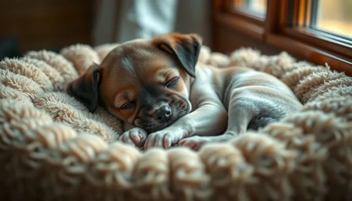 Yavru köpek yumuşak yatak ve anne sıcaklığı simüle edilen ortamda huzurlu uyurken