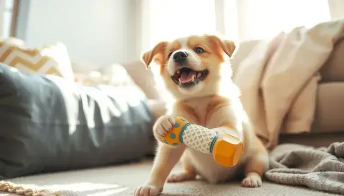 Yavru köpeğin çiğneme oyuncağıyla oynadığı an