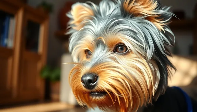 Yorkshire Terrier'ın karakteristik mavi-kestane rengi ipek dokulu tüy yapısı