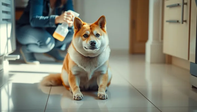 Akita Inu'nun temiz bir zemin üzerinde oturması ve sahibinin temizlik ürünü kullanmasını gözlemlemesi