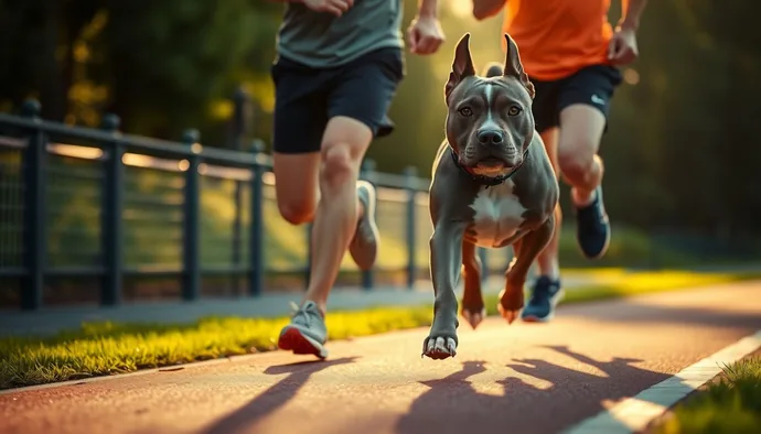 American Staffordshire Terrier sahibiyle koşu parkurunda, enerji yönetimi için yapılandırılmış aktivite sırasında