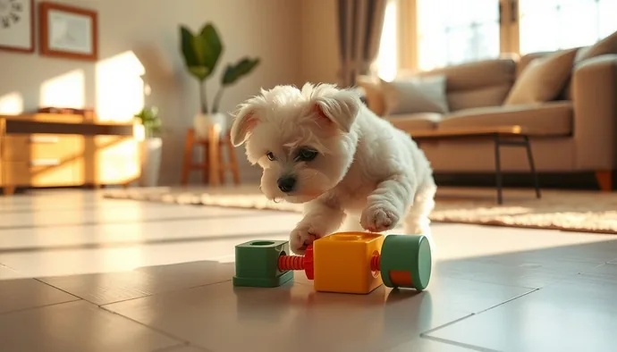 Bichon Frise ırkı apartman içinde puzzle oyuncakla oynarken, kaymaz zeminli modern oturma odasında