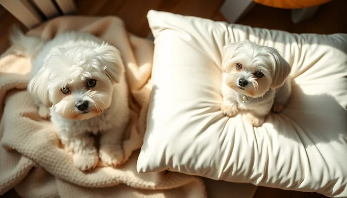 Bichon Frise ve Maltese tüy yapısı karşılaştırması: solda kıvrımlı çift katmanlı Bichon tüyü, sağda düz ipeksi Maltese tüyü