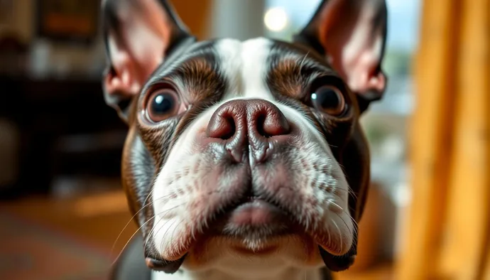 Boston Terrier göz ve burun yapısının brakisefalik özelliklerini gösteren yakın plan