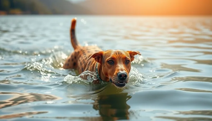 Catahoula Leopard Dog'un yüzme sırasında aktif olarak yüzdüğü bir görüntü