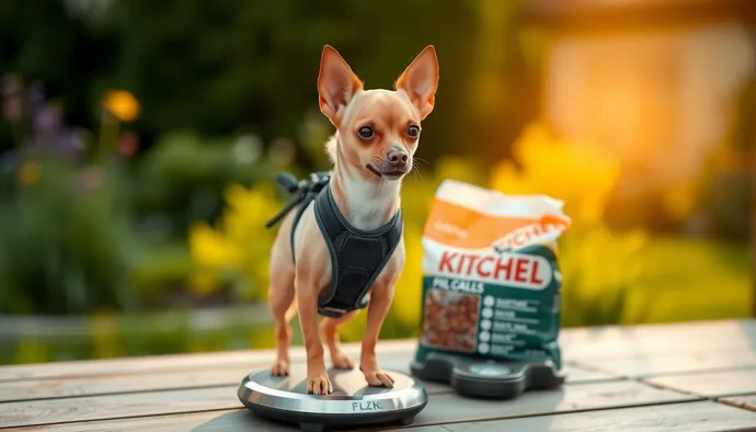 Chihuahua'nın harnes ile sabah yürüyüşünde, terazi kutusu yanında günlük mama miktarının tartılması