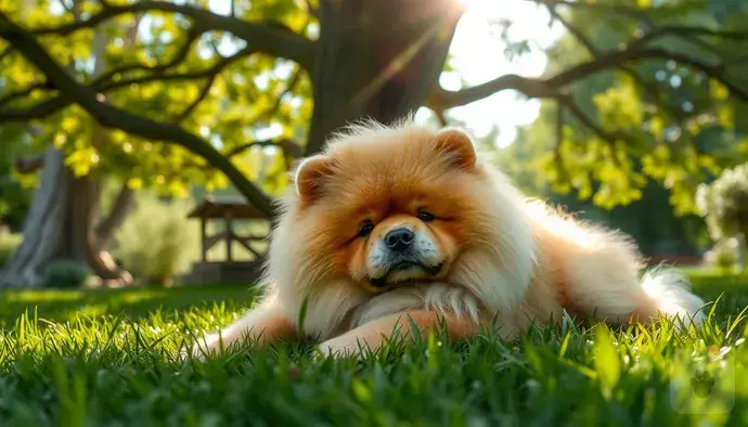 Chow Chow köpeği serin bir gölgede dinlenirken