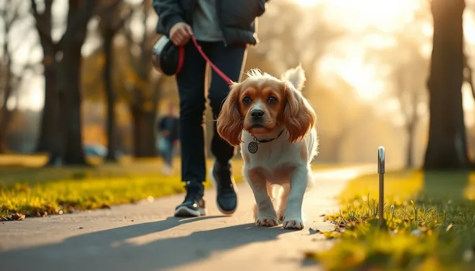 Cocker Spaniel sahibi ile parkta aktif yürüyüş yaparken, köpeğin ödül maması araması için kullanılan özel alan görünüyor
