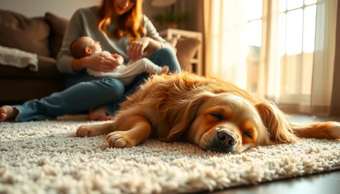 Anne ve bebek yanında sakin pozisyonda yatan golden retriever cinsi köpek