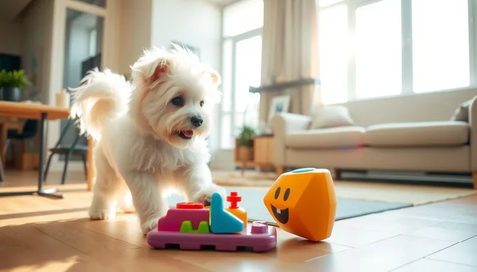 Coton de Tulear apartman dairesinde interaktif oyun oynarken