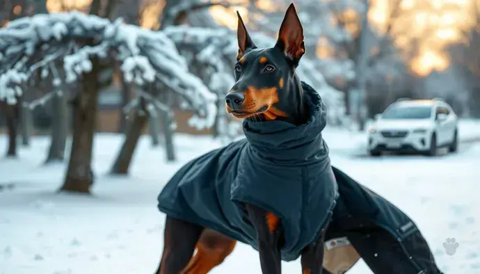 Doberman köpeği iklim şartlarına uygun kıyafetlerle dışarıda