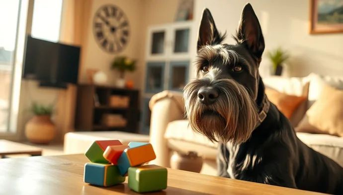Dev Schnauzer'ın iç mekanda bulmaca oyuncakla zihinsel uyarım sürecinde odaklanmış hali