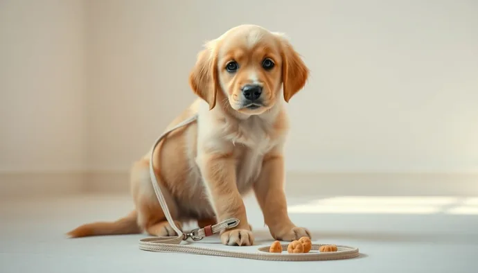 Golden Retriever yavrusu tasma ve ödül mama ile hazırlanmış eğitim alanında odaklanmış şekilde oturuyor