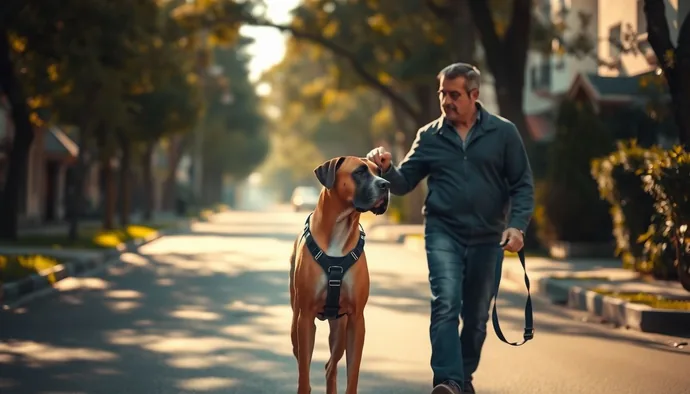 Yetişkin Danua sahibi, köpeğini kontrollü yürüyüş sırasında gözlemliyor; tasma ve kayış uyumu vurgulanıyor