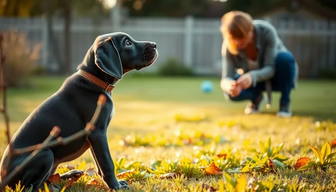 Great Dane yavrusu dışarıda tuvalet molası verirken, sahip ödül mama hazır tutuyor